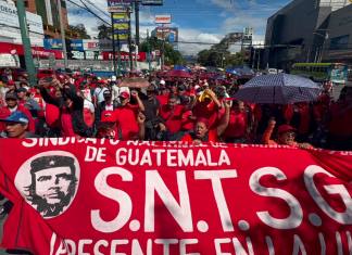 Más salario y que los temporales sean permanentes: las demandas de Luis Alpirez y el sindicato de Salud Salubristas marchan por la Calzada Roosevelt, demandando aumento salarial, plazas permanentes y ascensos. Foto La Hora: Daniel Ramírez.