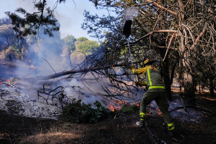 Bomberos trabajan en la zona afectada por el incendio del oeste de la Comunidad de Madrid en la localidad de Pelayos de la Presa. Foto La Hora: EFE