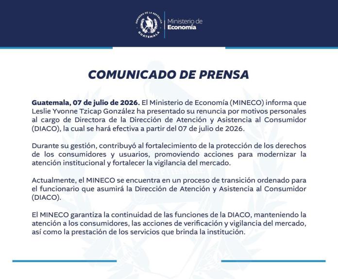 Comunicado del Mineco sobre la renuncia de Leslie Tzicap.