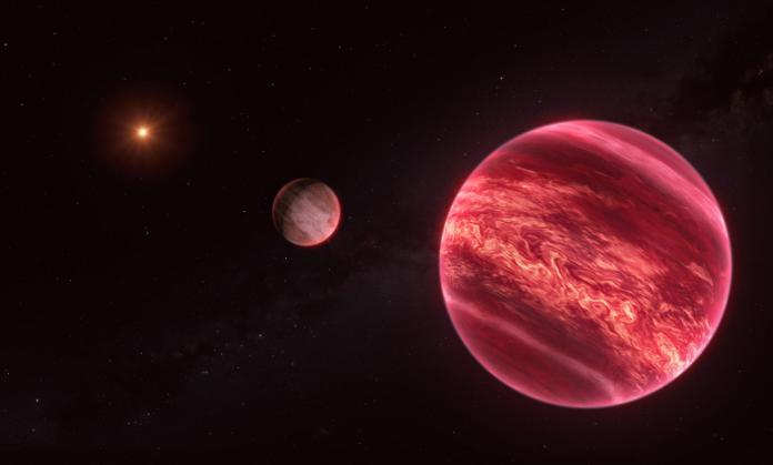 En la imagen aparece una representación artística de CD-35 2722, un sistema con un objeto similar a una luna recién descubierto en el centro. Foto: facilitada por ESO/M. Kornmesser.