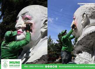 Daños al busto del premio Nobel de Literatura, Miguel Ángel Asturias, fueron reportados por la municipalidad de San Lucas Sacatepéquez, Sacatepéquez. Foto: Cortesía Municipalidad