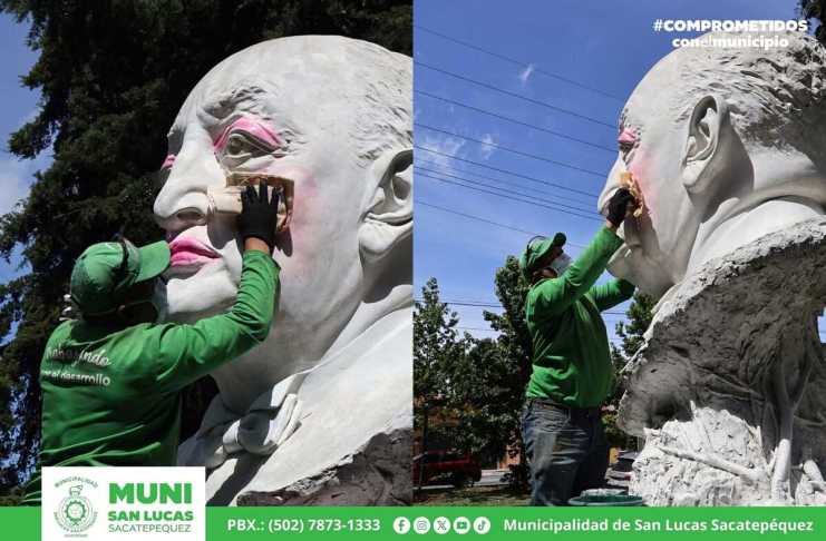 Daños al busto del premio Nobel de Literatura, Miguel Ángel Asturias, fueron reportados por la municipalidad de San Lucas Sacatepéquez, Sacatepéquez. Foto: Cortesía Municipalidad