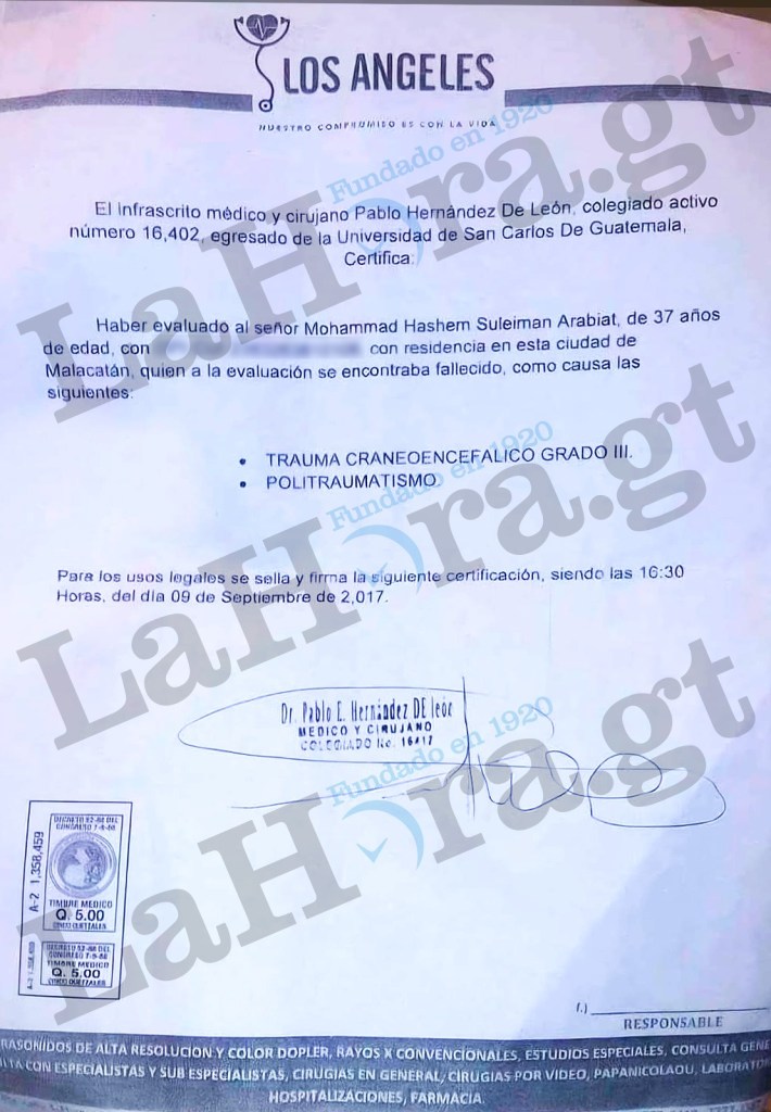 Certificado emitido por el doctor Pablo Enrique Hernández de León en el que aseguro que Mohammed Suleiman murió por un golpe en la cabeza y no por las heridas de arma de fuego. Foto La Hora: Cortesía