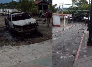 Tras los disturbios, medios locales reportaron daños al patrimonio y vehículos incendiados. Foto La Hora: Nota Informativa "Ixim Ulew"