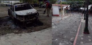 Ministro Villeda califica de «social y político» disturbios registrados en Santiago Atitlán Tras los disturbios, medios locales reportaron daños al patrimonio y vehículos incendiados. Foto La Hora: Nota Informativa "Ixim Ulew"