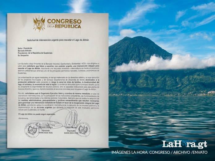 Los diputados de la bancada VOS piden al presidente de la República más acciones para el rescate del lago de Atitlán. Arte: La Hora / Francisco Altan