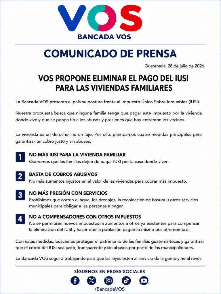 Comunicado de la bancada VOS para eliminar el pago del IUSI. 