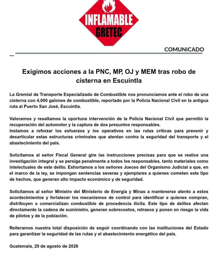 Comunicado de GRETEC por robo de cisterna en Puerto San José. Foto La Hora: Redes sociales