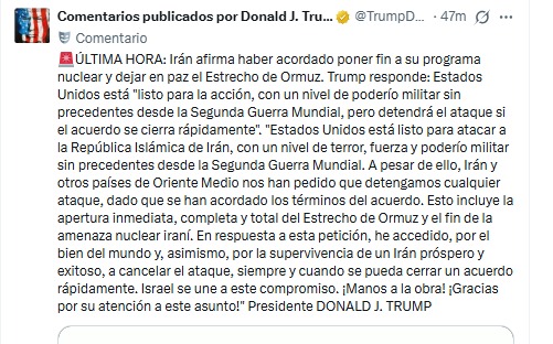 Comentario de Donald Trump en Truth Social.