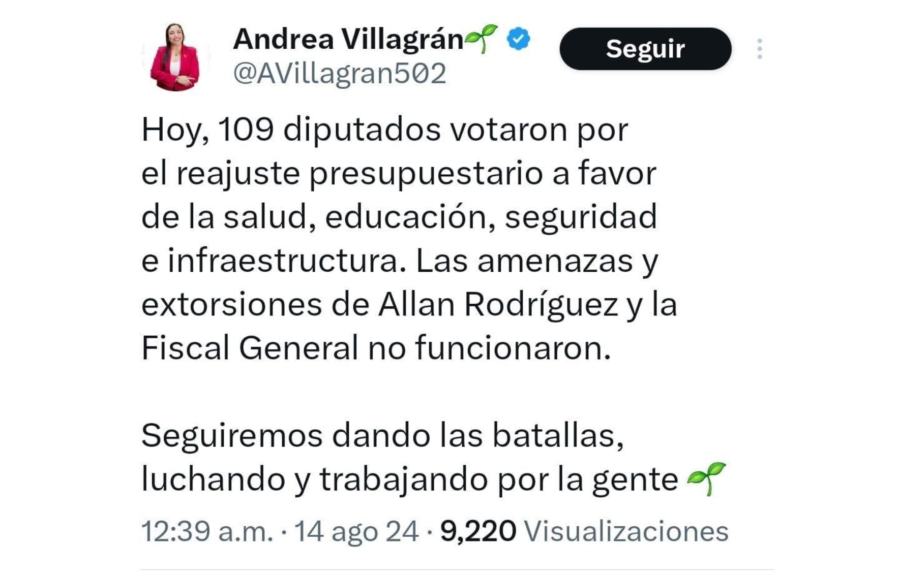 Publicación de la diputada Andrea Villagrán que consta en las pruebas de la defensa de Allan Rodríguez. Foto La Hora: La Hora. 