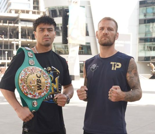 Lester Martínez y Luka Plantic protagonizaron su primer cara a cara en Los Ángeles, previo al combate. Foto La Hora: ProBoxTV.