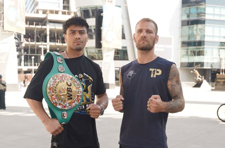 Lester Martínez y Luka Plantic protagonizaron su primer cara a cara en Los Ángeles, previo al combate. Foto La Hora: ProBoxTV.