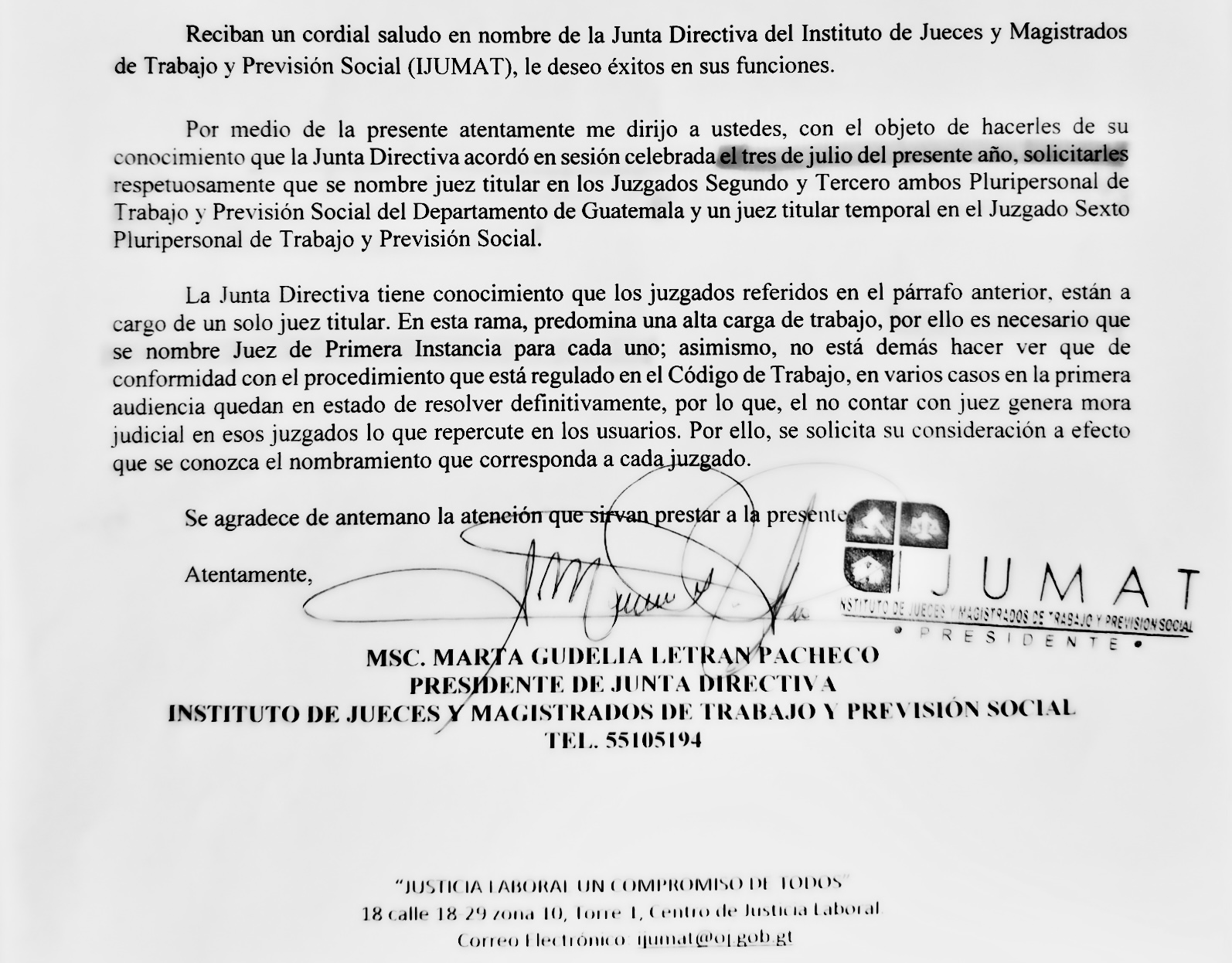 Pie de foto: Carta del Instituto de Jueces y Magistrados de Trabajo y Previsión Social (IJUMAT) enviada a la Corte Suprema de Justicia, en la que solicita nombrar jueces para tres juzgados laborales y advierte sobre el riesgo de mora judicial.