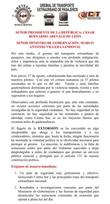 Comunicado de la Gremial de Transporte Extraurbano de Pasajeros. Foto La Hora: Gretexpa