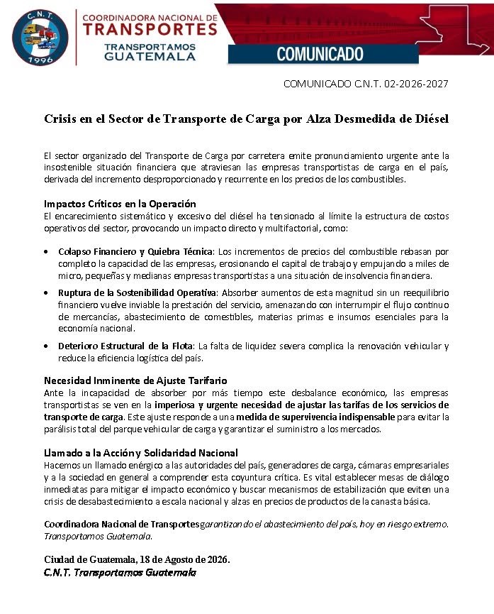 Comunicado de la Coordinadora Nacional de Transportes. Foto La Hora: FB CNT