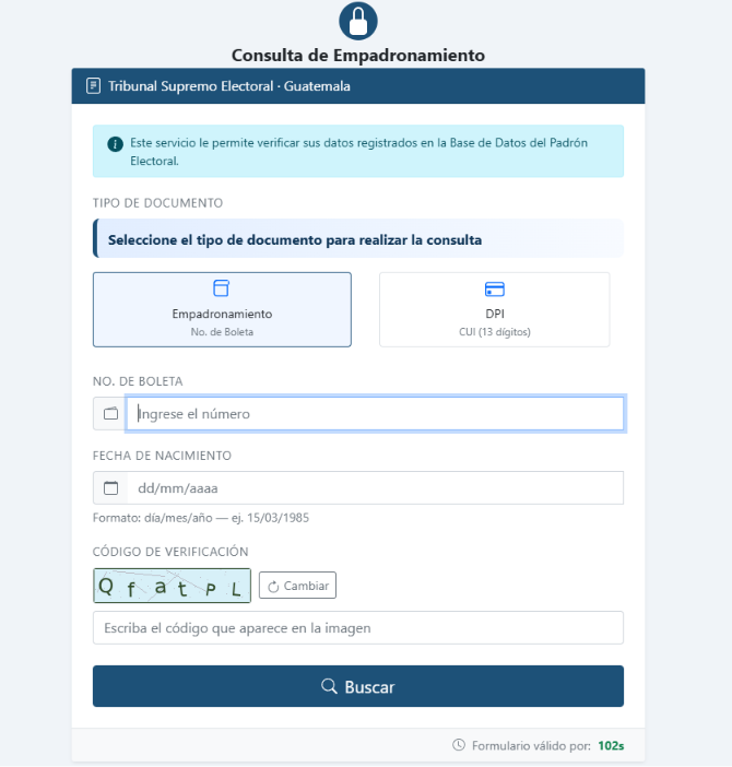 Formulario de consulta de afiliación a partidos políticos.Foto: TSE