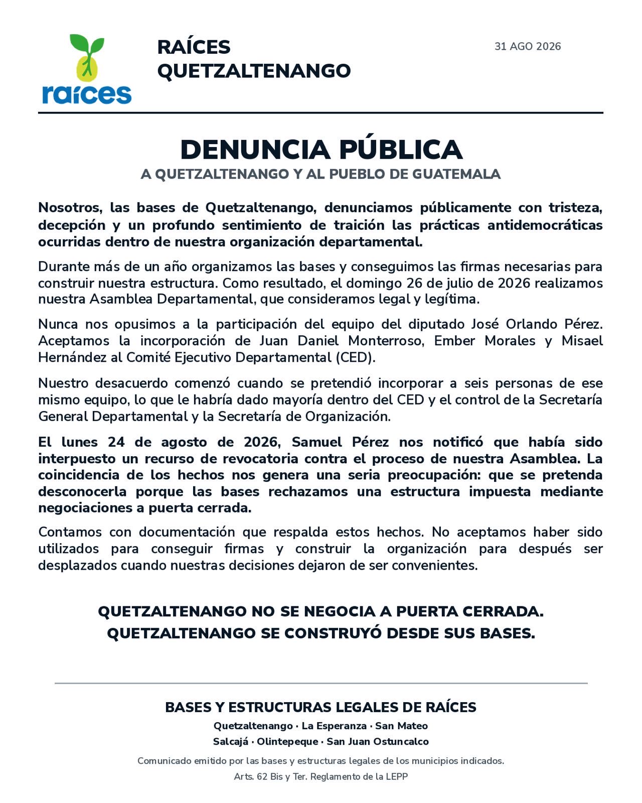 Denuncia de las bases de Raíces en Quetzaltenango. Foto La Hora: X @Felgueta0724