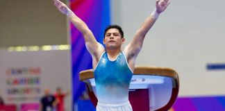 Gimnasta Jorge Vega tras su participación de salto en la gimnasia artística. Foto La Hora: COG