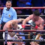 Lester Martínez (d) de Guatemala se enfrenta a Luka Plantic de Croacia este sábado, en un pelea por el título mundial interino peso supermediano del Consejo Mundial de Boxeo (CMB) en el Galen Center en Los Ángeles (Estados Unidos). EFE/ Jordy Marsono