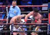 Lester Martínez (d) de Guatemala se enfrenta a Luka Plantic de Croacia este sábado, en un pelea por el título mundial interino peso supermediano del Consejo Mundial de Boxeo (CMB) en el Galen Center en Los Ángeles (Estados Unidos). EFE/ Jordy Marsono