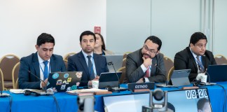 Edwin Chavajay (al centro, a la derecha), secretario general del Ministerio Público, y Elvyn Díaz, director de la Copadeh, durante la intervención del Estado de Guatemala en la audiencia de la CIDH sobre el fortalecimiento institucional del MP, celebrada en Washington.