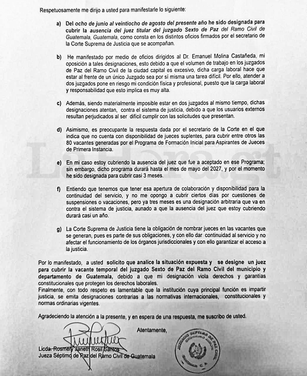 La jueza Rosmery Janeth Rosil Santos remitió un oficio a la Cámara Civil en el que pidió analizar su designación para cubrir dos juzgados y solicitó el nombramiento de otro juez para atender la vacante temporal.