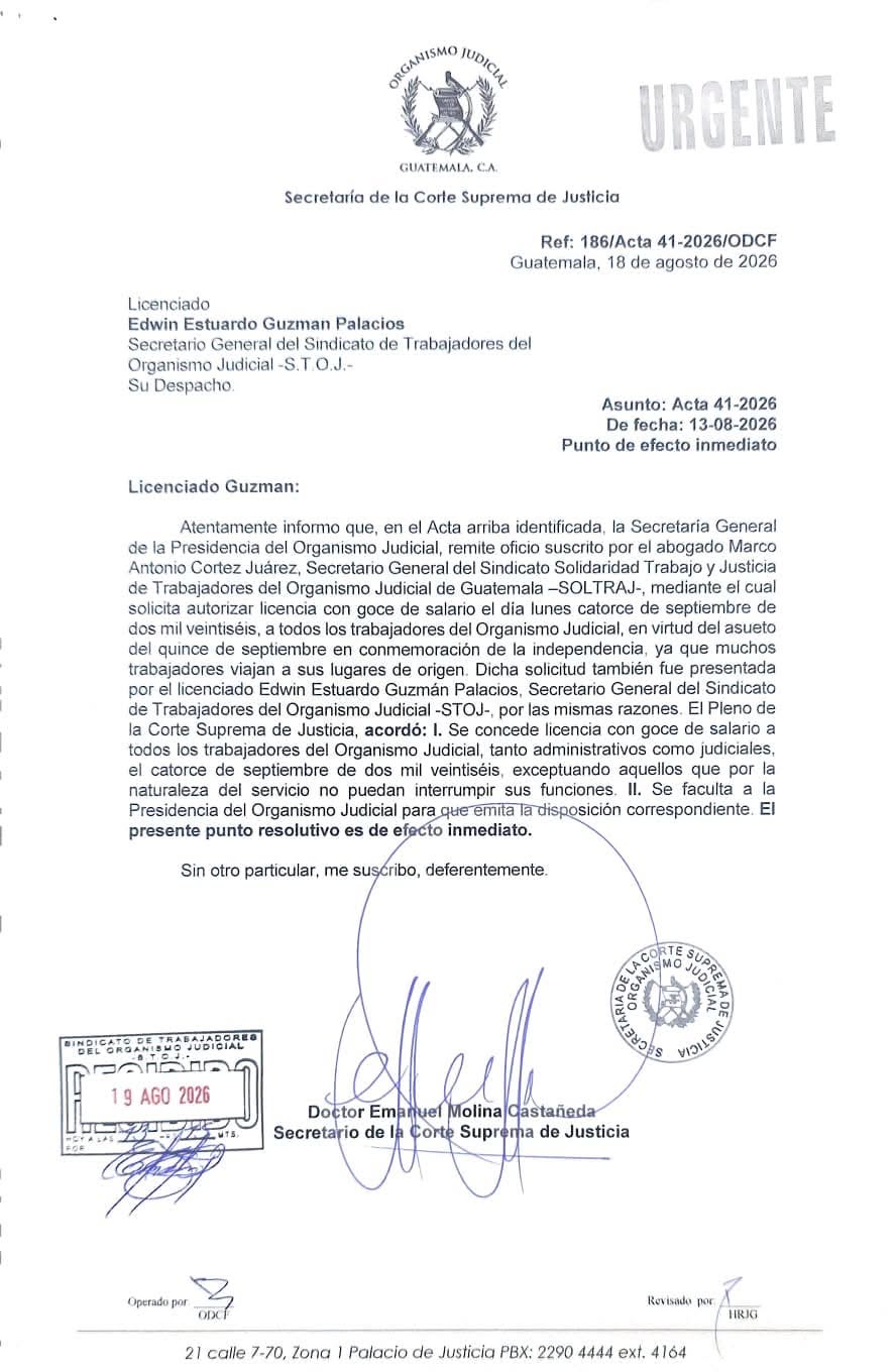 Respuesta al Sindicato de Trabajadores del Organismo Judicial (STOJ) para un descanso el 14 de septiembre. Foto La Hora: FB STOJ