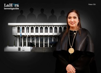 La presidenta de la Corte Suprema de Justicia y del Organismo Judicial, Claudia Paredes, durante una actividad institucional. La Hora investigó una llamada en la que se negocia una plaza dentro del OJ a cambio de dinero y se mencionan recomendaciones políticas.