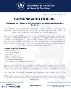 Comunicado de AMSA, publicado el domingo 9 de agosto, sobre la situación del incendio. Foto La Hora: Autoridad para el Manejo Sustentable de la Cuenca y del Lago de Amatitlán.