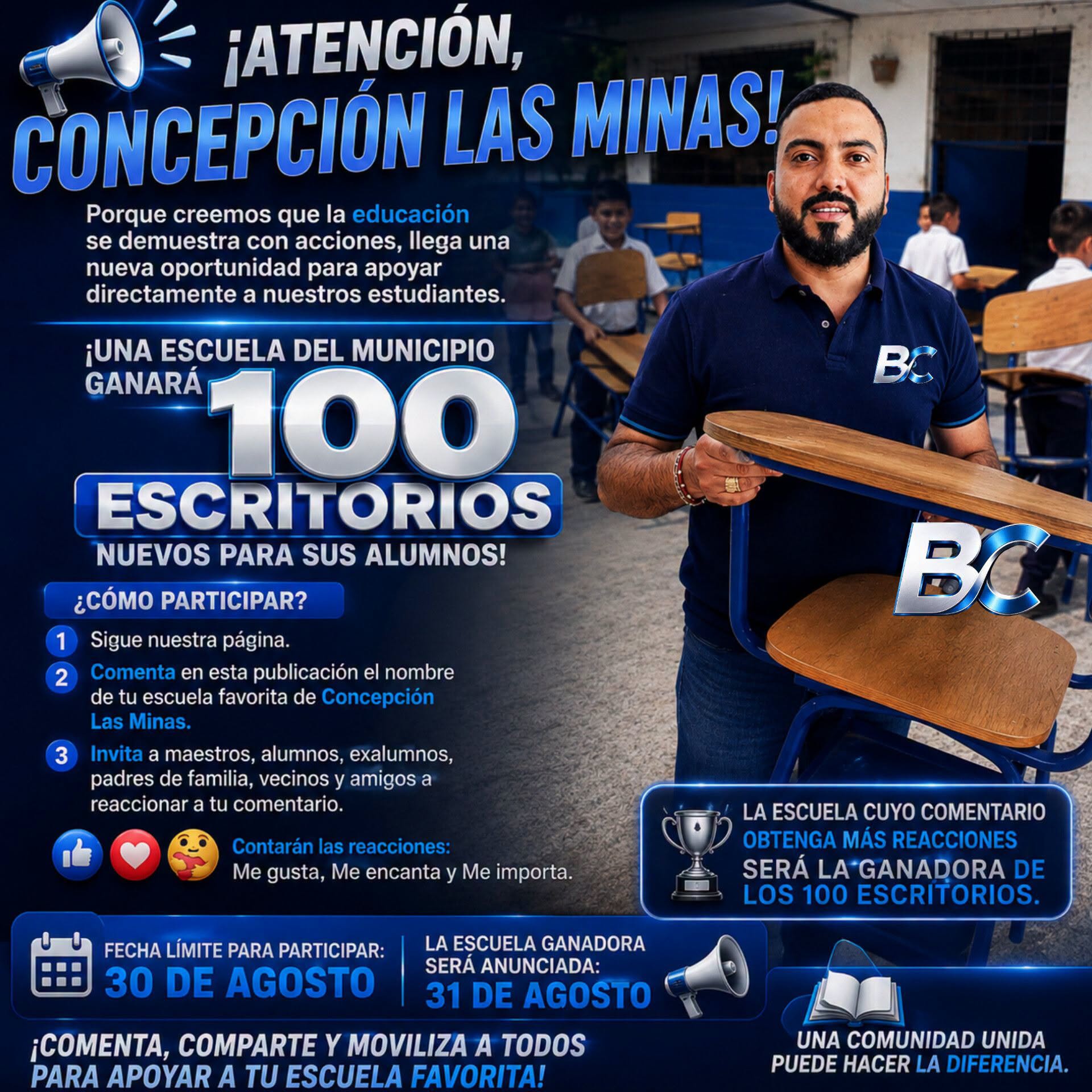 Brian Corado anuncia en sus redes sociales la escuela de Chiquimula que resultó ganadora de la dinámica para recibir 100 escritorios. Foto La Hora: Facebook de Brian Corado.