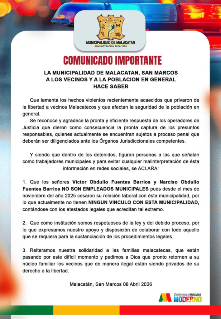 Comunicado de la Municipalidad de Malacatán, San Marcos emitdio el 8 de abril de 2026. Foto La Hora: FB