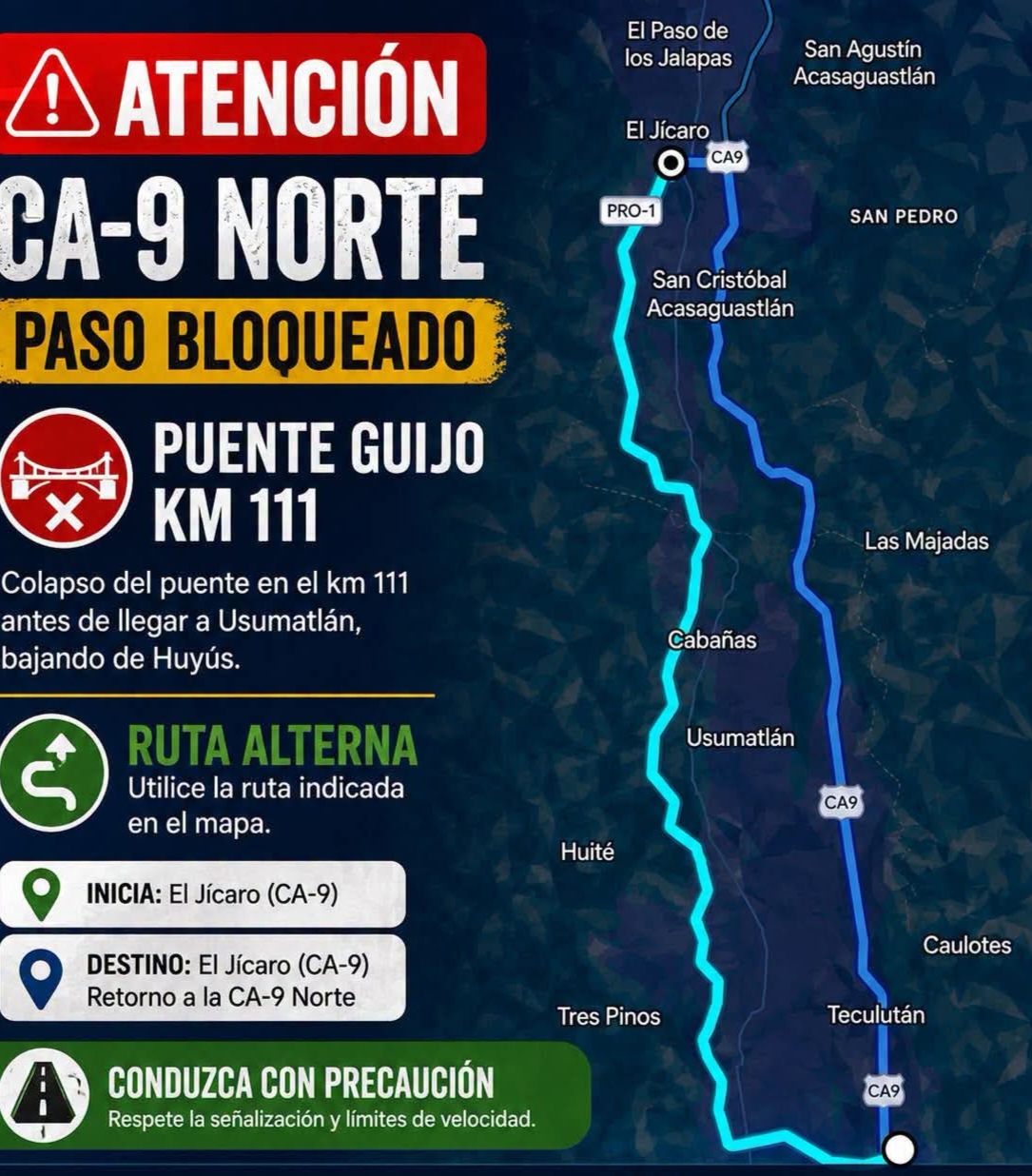 En redes sociales se ha difundido la vía alterna a utilizar, ante el desplome de un puente en el kilómetro 111 de la ruta al Atlántico.