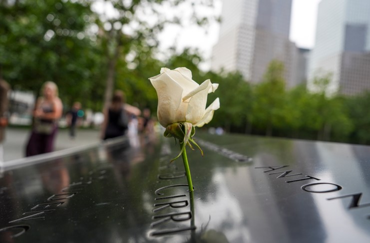 AME3801. NUEVA YORK (ESTADOS UNIDOS), 05/09/2026.- Fotografía del 31 de agosto de 2026 que muestra una flor puesta en el Monumento y Museo Nacional del 11 de Septiembre en Nueva York (Estados Unidos). EFE/Ángel Colmenares