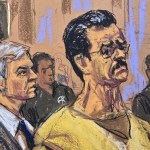 Fotografía de un dibujo realizado por la artista Jane Rosenberg que muestra al presidente depuesto de Venezuela, Nicolás Maduro, y su abogado defensor Barry Pollack (atrás) durante una audiencia de seguimiento del proceso por cargos de narcoterrorismo y narcotráfico en Nueva York. Foto La Hora: EFE