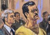 Fotografía de un dibujo realizado por la artista Jane Rosenberg que muestra al presidente depuesto de Venezuela, Nicolás Maduro, y su abogado defensor Barry Pollack (atrás) durante una audiencia de seguimiento del proceso por cargos de narcoterrorismo y narcotráfico en Nueva York. Foto La Hora: EFE