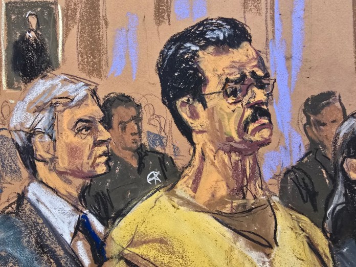 Maduro tiene hasta este miércoles para pedir inmunidad ante la Justicia de EE.UU. Fotografía de un dibujo realizado por la artista Jane Rosenberg que muestra al presidente depuesto de Venezuela, Nicolás Maduro, y su abogado defensor Barry Pollack (atrás) durante una audiencia de seguimiento del proceso por cargos de narcoterrorismo y narcotráfico en Nueva York. Foto La Hora: EFE