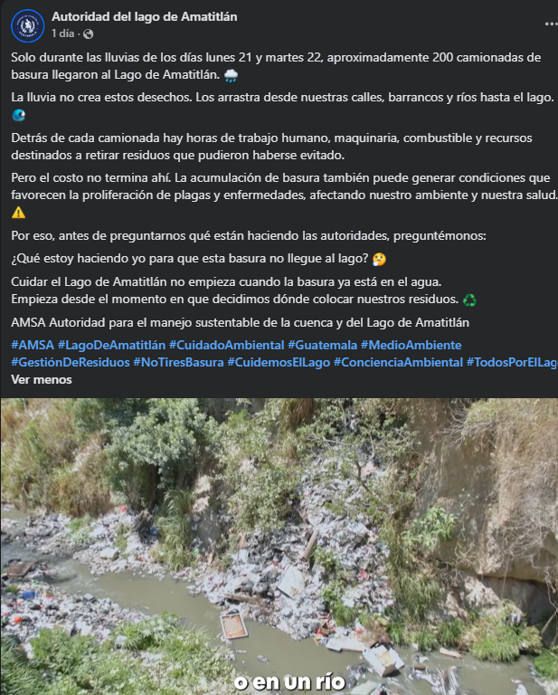 AMSA informa que cerca de 200 camionadas de basura llegaron durante los últimos días de lluvias.Foto: Captura Facebook de AMSA
