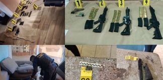 Armas de fuego vinculadas a estructura criminal Los Tambora localizadas en Sanarate. Foto La Hora: PNC