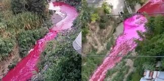 Río Las Vacas teñido de rojo. Foto La Hora: captura de pantalla.