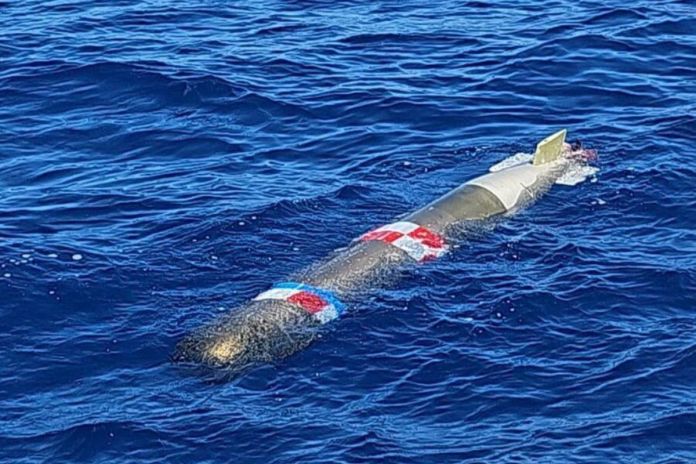 torpedo de prácticas hallado frente a Ensenada. Foto La Hora: RR. SS.