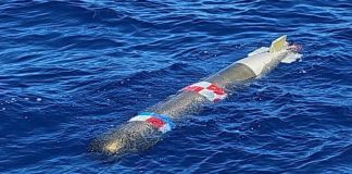 torpedo de prácticas hallado frente a Ensenada. Foto La Hora: RR. SS.