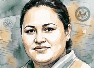 Griselda Margarita Arredondo Pinzón aparece en una acuarela de estilo judicial con un fondo de documentos difuminados y sellos oficiales del Departamento de Estado. (Imagen Ilustrativa Infobae)