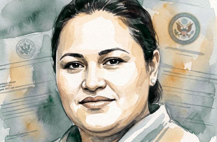 Griselda Margarita Arredondo Pinzón aparece en una acuarela de estilo judicial con un fondo de documentos difuminados y sellos oficiales del Departamento de Estado. (Imagen Ilustrativa Infobae)
