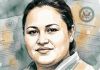 Griselda Margarita Arredondo Pinzón aparece en una acuarela de estilo judicial con un fondo de documentos difuminados y sellos oficiales del Departamento de Estado. (Imagen Ilustrativa Infobae)