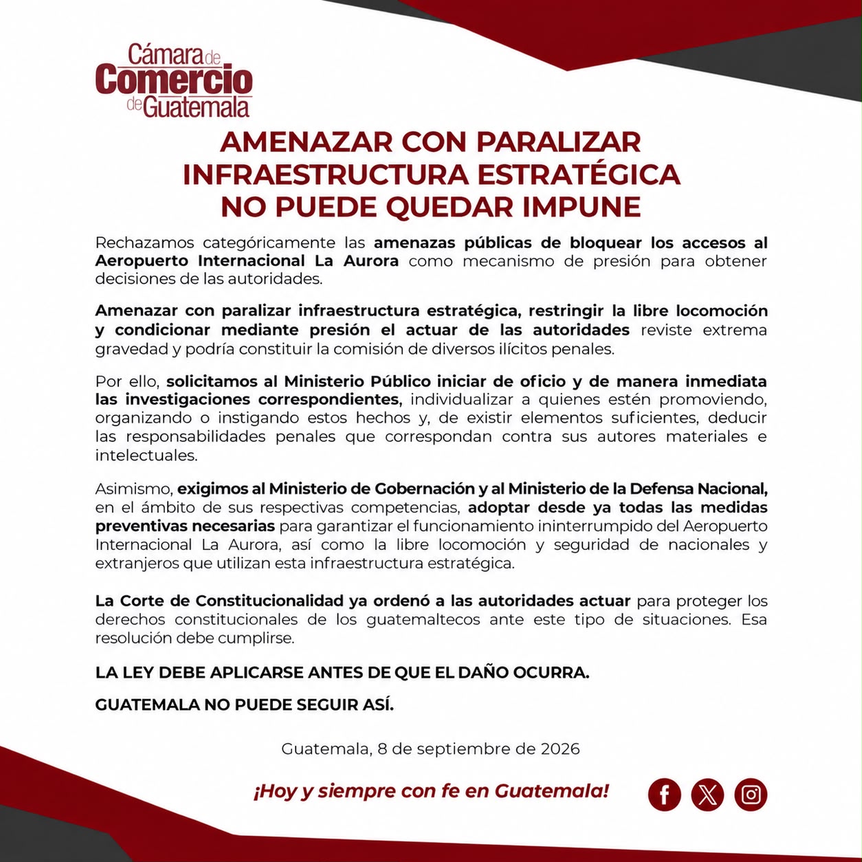 Cominicado de la Cámara de Comercio de Guatemala. Foto La Hora: CCG