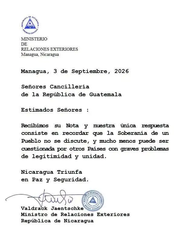 Carta del Ministerio de Relaciones Exteriores de Nicaragua. Foto La Hora: RS