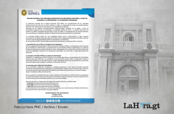 Comunicado de la PNC por solicitud de información al TSE para mejorar la seguridad en actividades electorales en "zonas rojas". Arte La Hora: Alejandro Ramírez