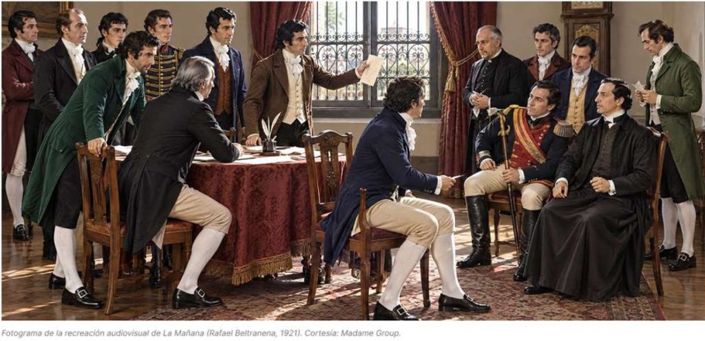 La histórica pintura de los próceres de la Independencia cobra vida con una propuesta audiovisual. Foto La Hora: captura de pantalla Madame Group