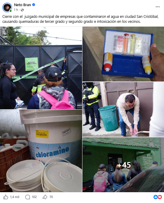 Neto Bran señaló que una empresa dedicada al manejo de químicos habría contaminado el agua. Foto La Hora: captura.