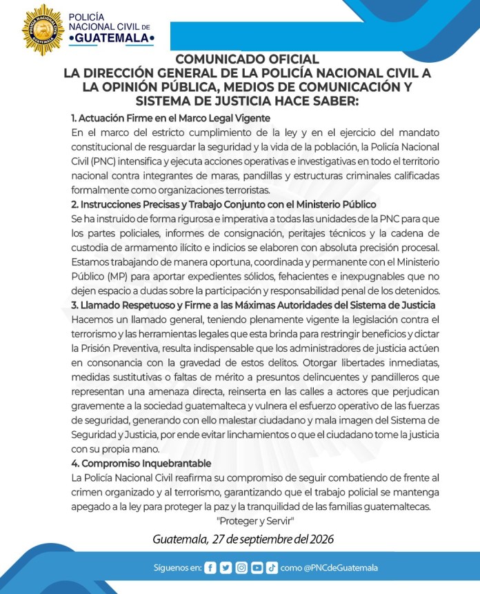 PNC cuestiona libertades y faltas de mérito a presuntos pandilleros y hace llamado al sistema de justicia. Foto La Hora: PNC.